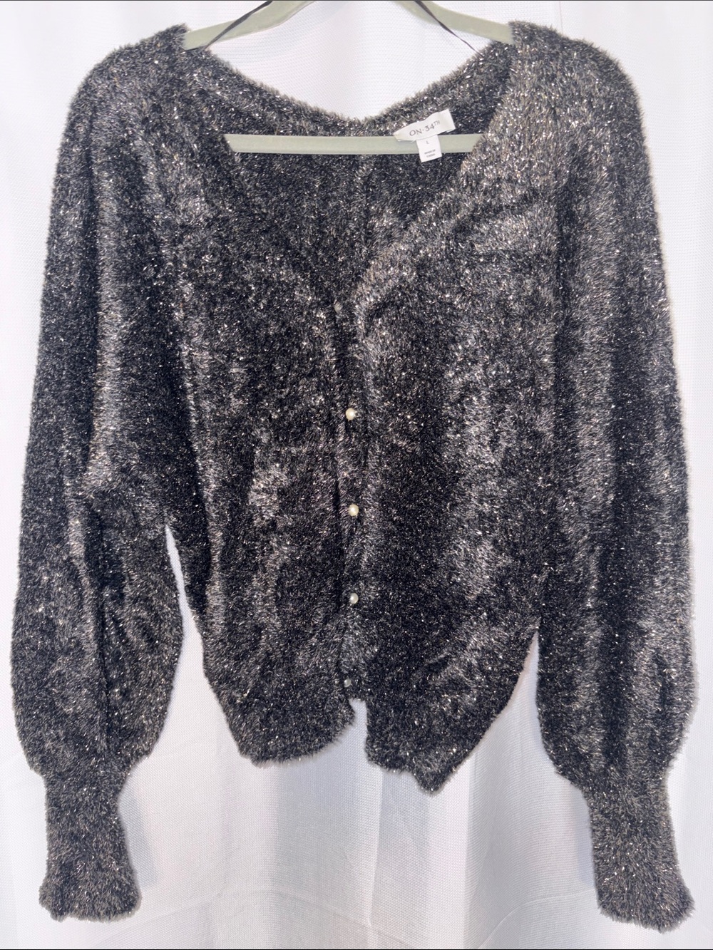 On-34th Black Sparkle Button-Front Sweater with pearl buttons